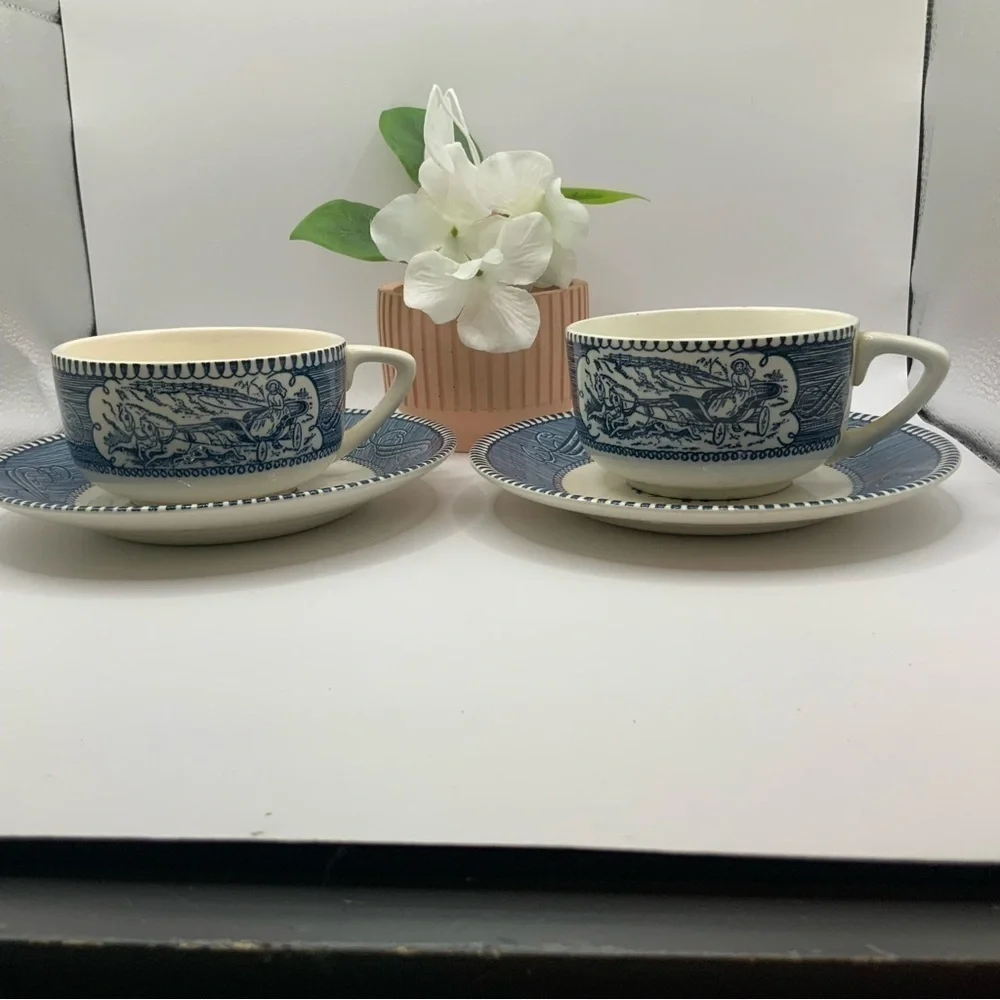 Royal China Vintage Currier & Ives Pattern Horse & Buggy Teacups Saucers